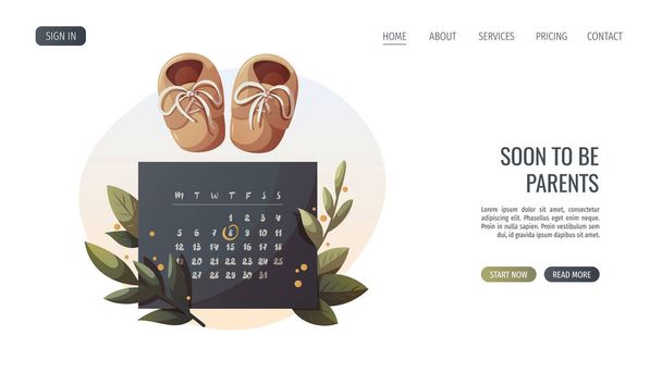 Monthly Calendar and baby shoes. Planning, Childbirth, scheduled even, appointment, baby waiting concept. Vector illustration for poster, banner, website. - Vector, Image