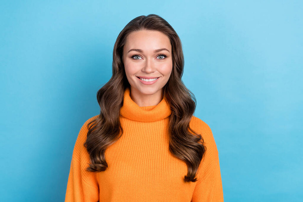 Photo of beaming adorable lady wear knitted pullover smiling showing white teeth isolated blue color background. - Фото, изображение
