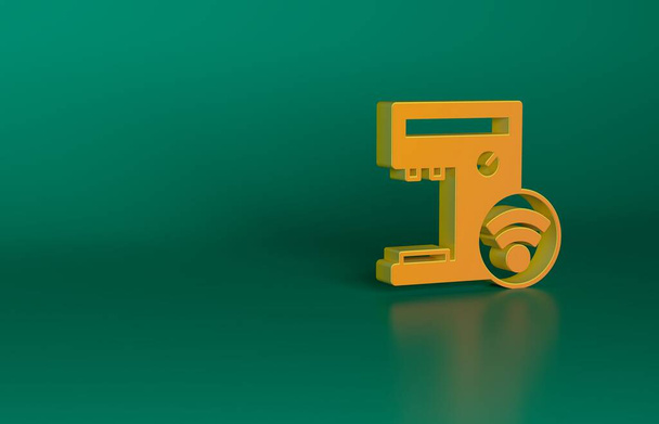 Pomarańczowy Inteligentny ekspres do kawy ikona izolowana na zielonym tle. Internet rzeczy koncepcja z bezprzewodowym połączeniem. Koncepcja minimalizmu. Ilustracja 3D renderowania. - Zdjęcie, obraz