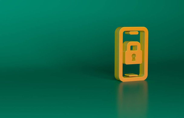 Yeşil arka planda izole edilmiş kilit ikonu için kablosuz teknolojiyle turuncu dijital kapı kilidi. Kapı kolu tabelası. Güvenlik akıllı ev. Minimalizm kavramı. 3 Boyutlu resimleme. - Fotoğraf, Görsel