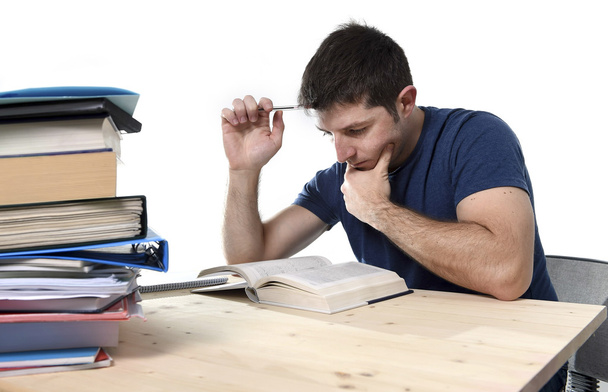 young stressed student studying on library for exam in stress fe - Photo, Image