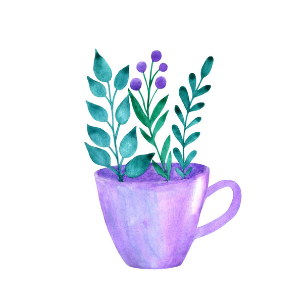 Watercolor violet cup with green branches on a white background - Fotoğraf, Görsel