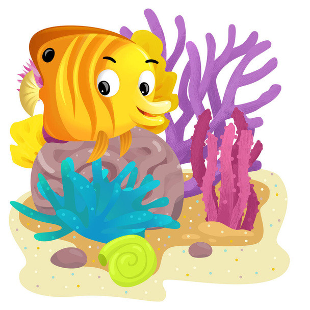 cartoon scene with coral reef with swimming fish isolated element illustration for kids - Фото, изображение