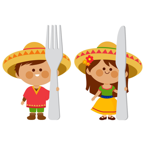 Mexicaanse kinderen met een vork en een mes. Kindermaaltijd. Vector Illustratie - Vector, afbeelding