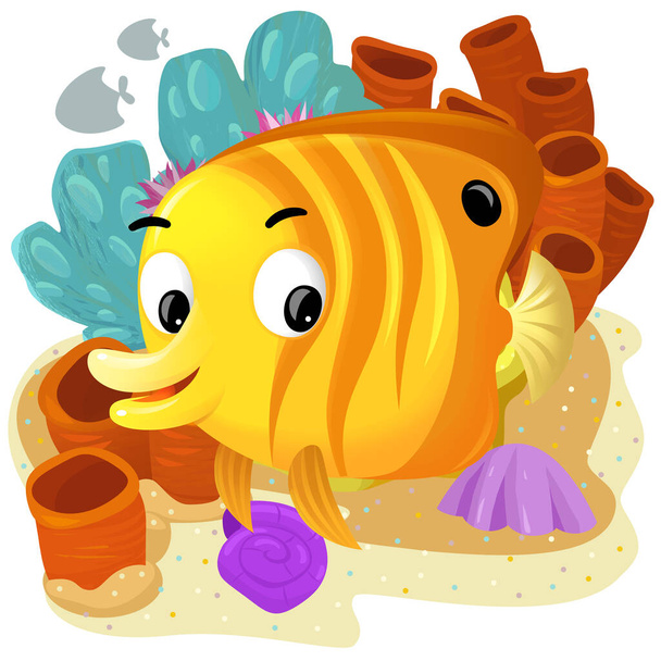 cartoon scene with coral reef with swimming fish isolated element illustration for kids - Foto, Imagem