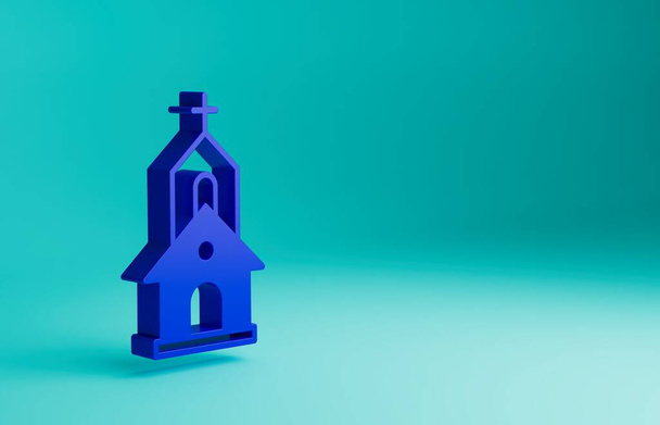Kék templom épület ikon elszigetelt kék háttérrel. Keresztény egyház. Az egyház vallása. Minimalizmus koncepció. 3D renderelés illusztráció. - Fotó, kép