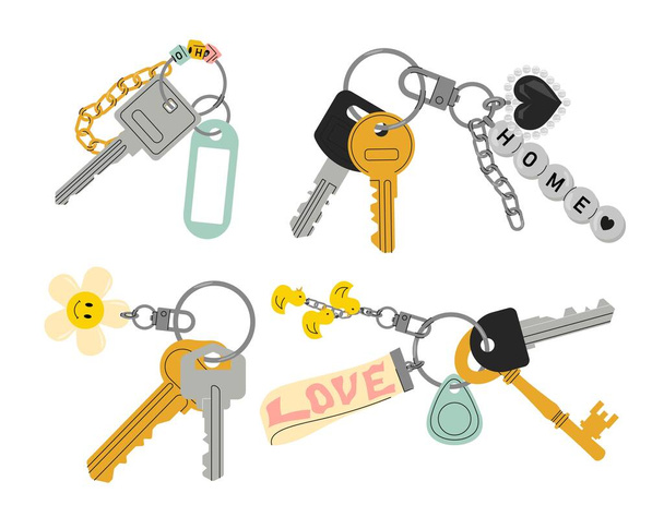 Door keys with keyfobs set. Security and protection of apartment. Bunch of things for opening locks, access to private property. Cartoon flat vector collection isolated on white background - Vector, Image
