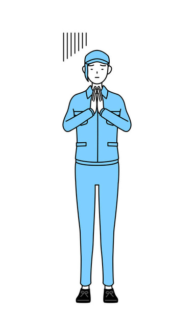 Женщина в шляпе и рабочей одежде извиняясь руками перед телом, Векторная иллюстрация - Вектор,изображение