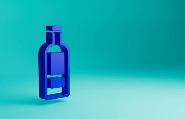 Blue Glass bottle of vodka icon isolated on blue background. Minimalism concept. 3D render illustration. - Photo, Image