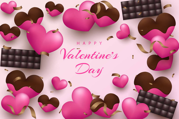 心の現実的なチョコレートと要素を持つ幸せなバレンタインデーの背景 - ベクター画像