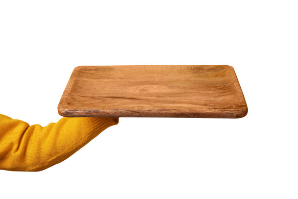wooden kitchen tray in hand isolated on white background - Foto, Imagem