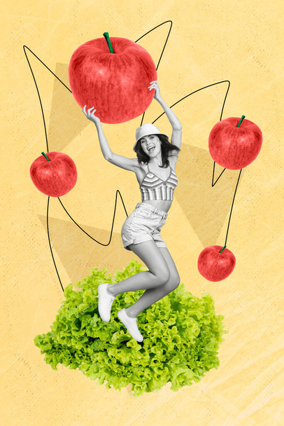 Photo collage artwork minimal picture of excited happy lady rising big red apple isolated graphical background. - Φωτογραφία, εικόνα