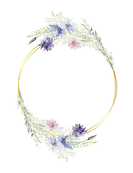 Watercolor leaves and flower bouquet wreath frame digital painting. Vector illustration - Vektör, Görsel