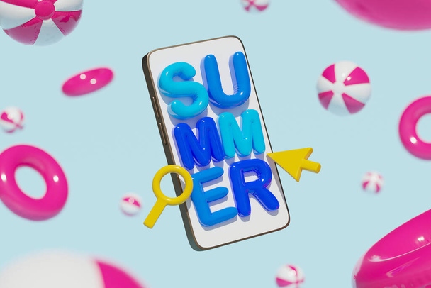 Creative 3d graphics collage of apple iphone samsung device summer trips promo isolated blue color background. - Foto, Imagen