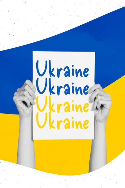 Template demonstration collage of activist person holding placard with ukraine inscription over national symbol flag no war concept. - Fotoğraf, Görsel