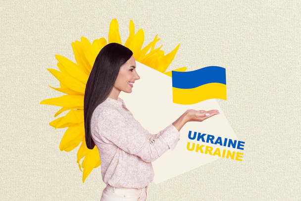 Poster banner collage of young lady demonstrate ukrainian flag support ukraine stop war concept. - Fotoğraf, Görsel