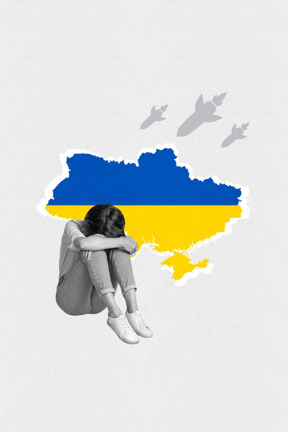 Painting template collage of scared nervous lady crying struggle every night air raid missile attack from russia pray ukraine concept. - Fotoğraf, Görsel