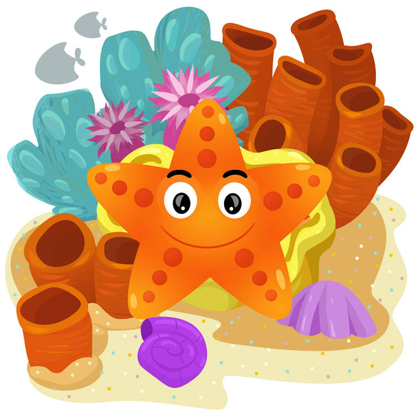 cartoon scene with coral reef with swimming star fish isolated element illustration for kids - Фото, изображение