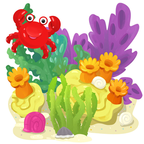 cartoon scene with coral reef with swimming crab fish isolated element illustration for kids - Photo, image