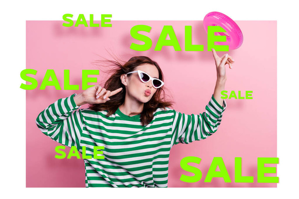 Banner poster image collage of cool lady in sunglasses dance energetic enjoying summer vacation season special offers. - Foto, Bild