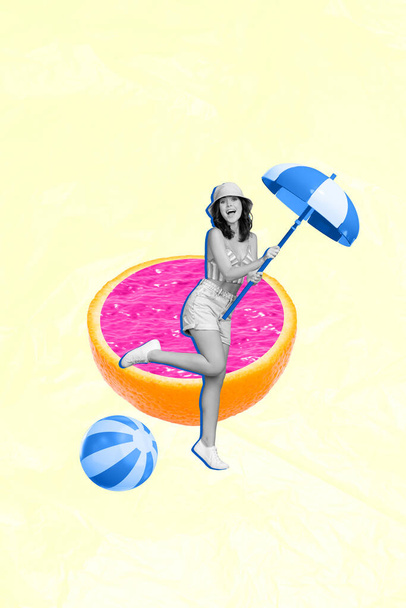 Template retro collage of black white filter color lady hold sun parasol happy about summer pool beach relax. - Foto, Imagem