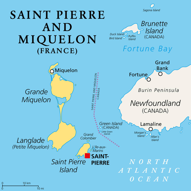Saint Pierre and Miquelon, political map. Archipelago and self-governing territorial overseas collectivity of France in the North Atlantic Ocean, near Canadian province of Newfoundland and Labrador. - Vector, Image