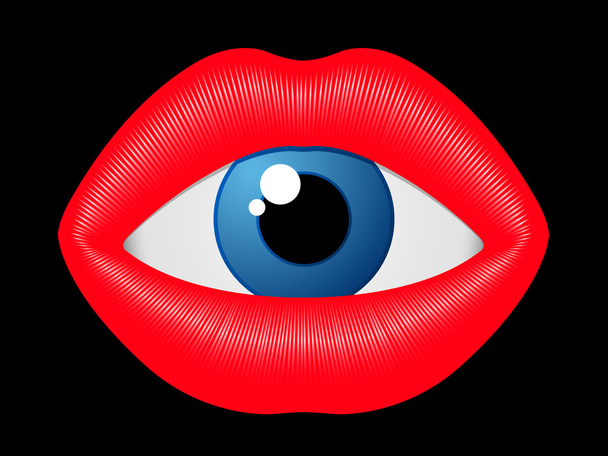 Niebieski oko patrząc z kobiece usta - Wektor, obraz