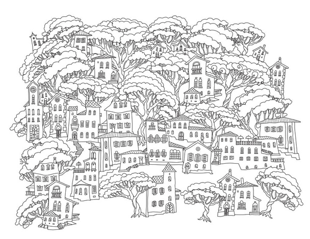 Фантастичний пейзаж з казковим середземноморським містом на пагорбі, сосновий ліс. Сторінка книжки - Вектор, зображення