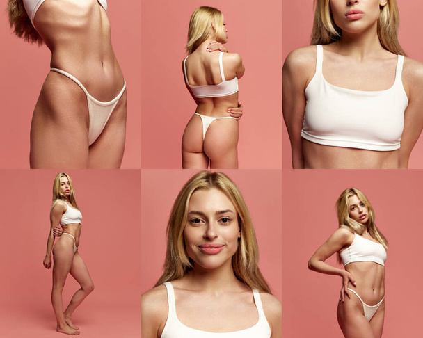 Collage made of images of beautiful, young, blonde woman with fit, slim body posing in white underwear against pink studio background. Concept of female beauty, body and skin care, health, fitness. Ad - Foto, Imagem
