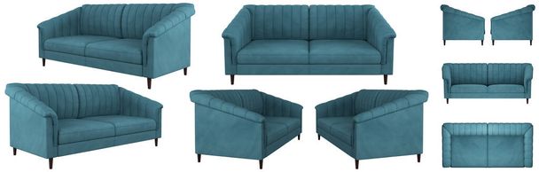 Stylish beautiful sofa with legs in a classic modern style. Blue velvet sofa. Sofa from different angles. Sofa projections for design, collage, banner. Realistic image. - Photo, Image