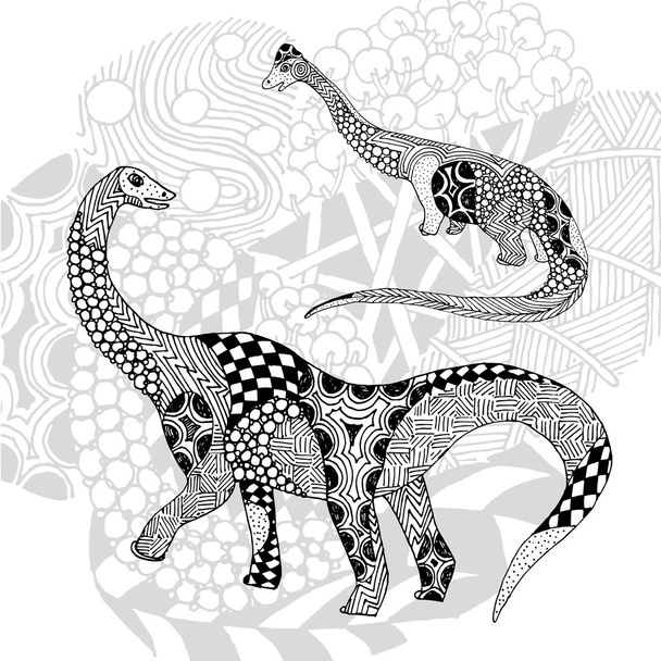 Dinosaur with zentangle elements black&white - Vector, Imagen