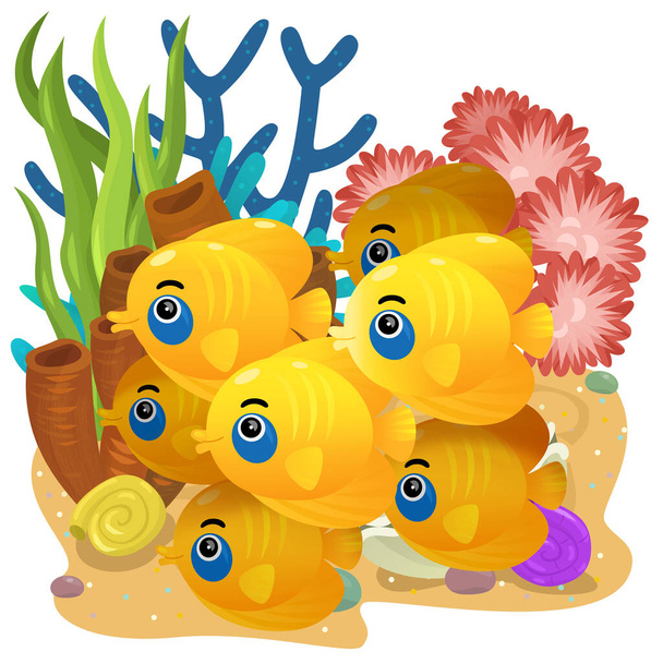 cartoon scene with coral reef with swimming cheerful fish isolated element illustration for kids - Valokuva, kuva
