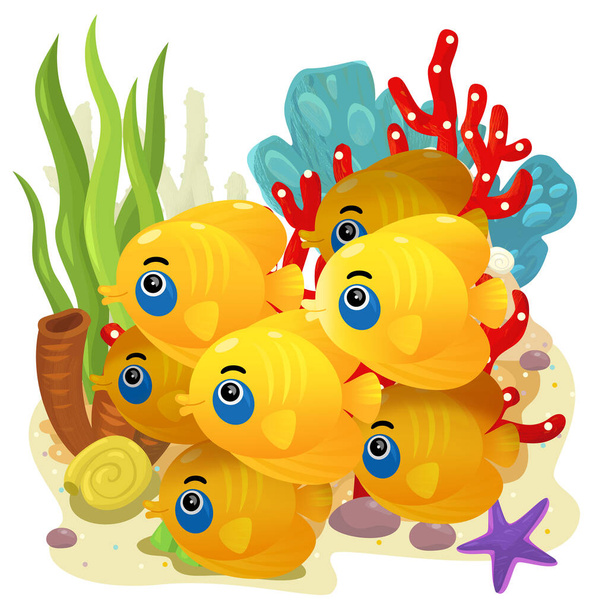 cartoon scene with coral reef with swimming cheerful fish isolated element illustration for kids - Fotoğraf, Görsel