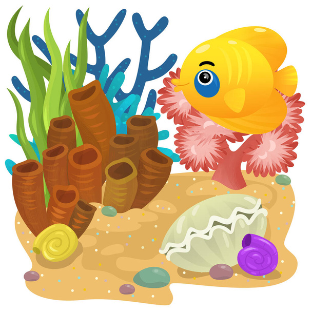 cartoon scene with coral reef with swimming cheerful fish isolated element illustration for kids - Photo, image