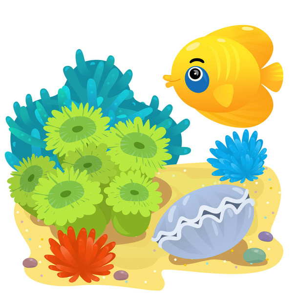 cartoon scene with coral reef with swimming cheerful fish isolated element illustration for kids - Φωτογραφία, εικόνα