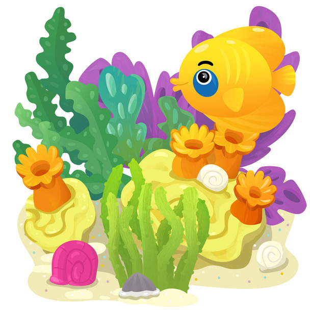 cartoon scene with coral reef with swimming cheerful fish isolated element illustration for kids - Фото, изображение