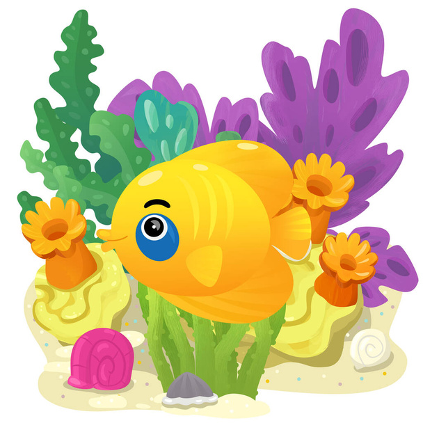 cartoon scene with coral reef with swimming cheerful fish isolated element illustration for kids - Фото, изображение