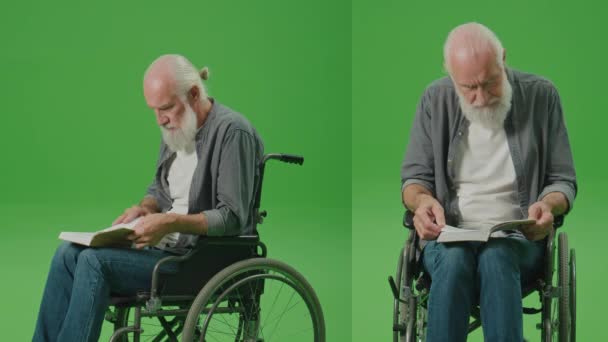 2-in-1 Split Green Screen Montage. Porträt eines intelligenten alten Mannes im Rollstuhl, mit grauem Bart, der ein Buch liest. Ein älterer Mann blättert durch die Seiten eines Buches. Freizeit, Hobby-Konzept. - Filmmaterial, Video