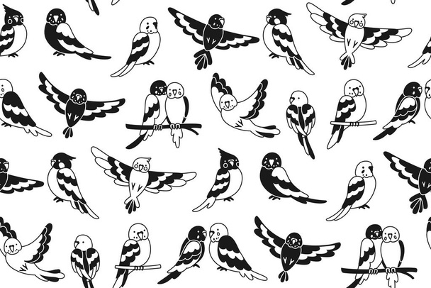Papagaio voador padrão tropical sem costura. Exóticos pássaros pretos e brancos repetem ornamento fundo. Verão brilhante engraçado glifo design papagaios papel de parede tecido, embalagem infinita, vetor da moda ilimitada - Vetor, Imagem