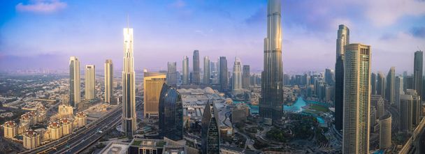 UAE, Dubai panoramic skyline view of city down and Dubai Mall. - Фото, изображение