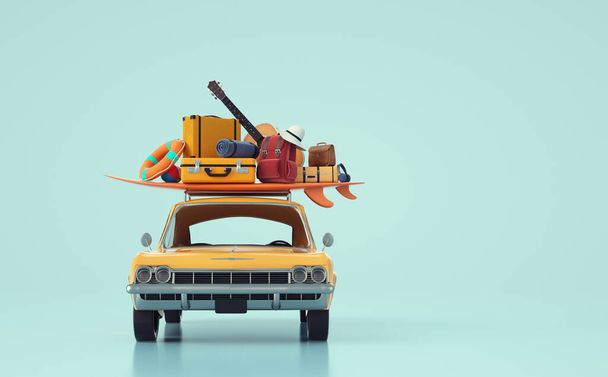 Small retro car with baggage and luggage on the roof. Ready for vacation concept . This is a 3d render illustration. - Fotó, kép