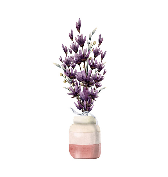 Purple bouquet of lavender flowers in pink vase hand drawn watercolor illustration isolated on white background. - Fotografie, Obrázek