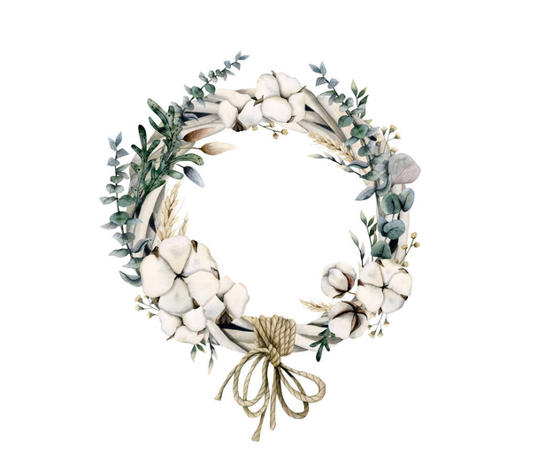 Watercolor wreath frame with green eucalyptus branches, leaves, cotton balls, brown rope isolated on white background. - Photo, Image