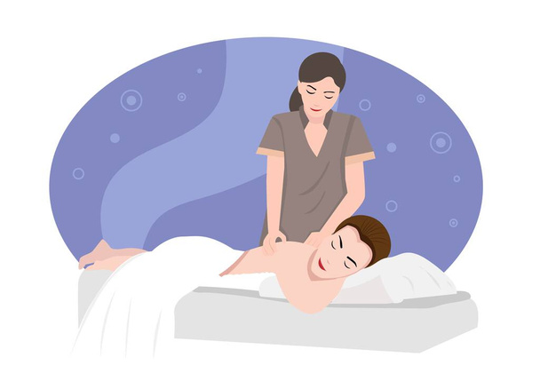Ontspannen vrouw krijgt terug massage in luxe spa met professionele massage therapeut. Wellness, genezing en ontspanning concept. - Vector, afbeelding