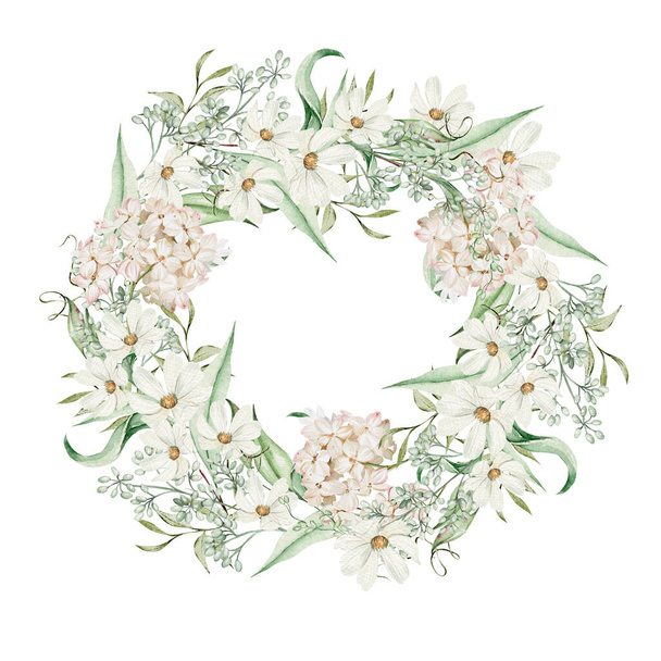 Watercolor wreath with hydrangea flowers and chamomile, green leaves. Illustration - Photo, Image