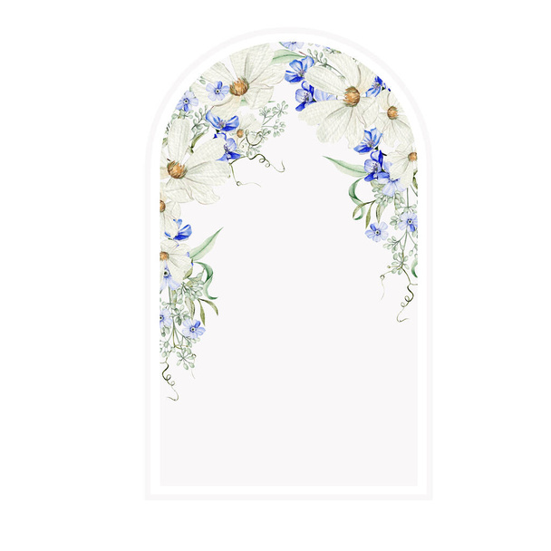 Watercolor bouquet with forget me not flowers and chamomile, green leaves. Illustration - Photo, Image