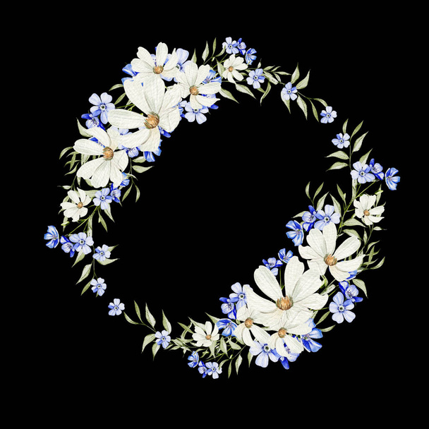 Watercolor wreath with forget me not flowers and chamomile, green leaves. Illustration - Photo, Image