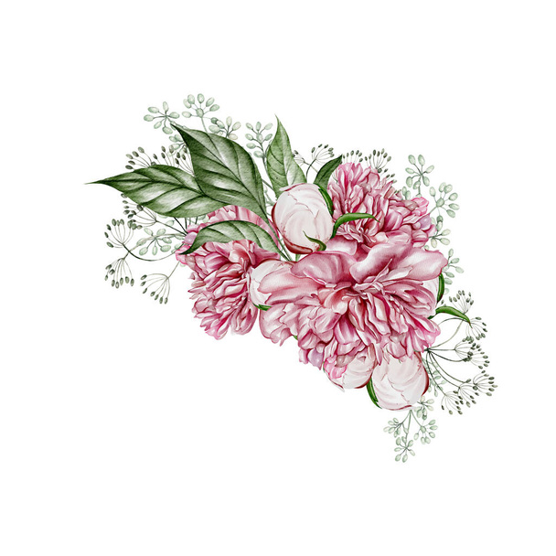 Watercolor bouquet with peony flowers and green leaves. Illustration - Fotografie, Obrázek