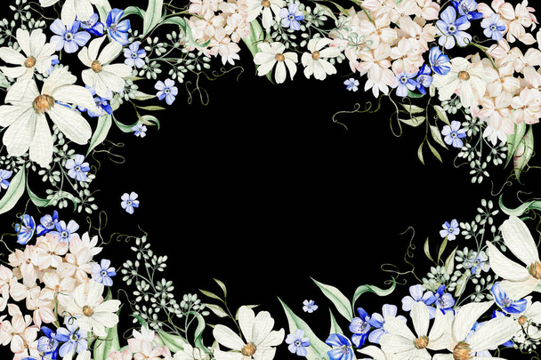 Tarjeta de acuarela con olvidarme no flores, manzanilla y hudrangea, hojas verdes. Ilustración - Foto, imagen