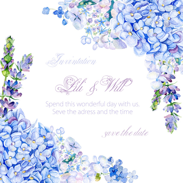 Frame of watercolor blue hydrangea, lavender. - Photo, Image